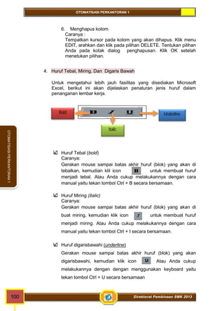 OTOMATISASI PERKANTORAN 1 
OTOMATISASI PERKANTORAN 1 
6. Menghapus kolom 
Caranya : 
Tempatkan kursor pada kolom yang akan dihapus. Klik menu 
EDIT, arahkan dan klik pada pilihan DELETE. Tentukan pilihan 
Anda pada kotak dialog penghapusan. Klik OK setelah 
menetukan pilihan. 
4. Huruf Tebal, Miring, Dan Digaris Bawah 
Untuk mengetahui lebih jauh fasilitas yang disediakan Microsoft 
Excel, berikut ini akan dijelaskan penaturan jenis huruf dalam 
penanganan lembar kerja. 
Bold 
Italic 
Underline 
Huruf Tebal (bold) 
Caranya: 
Gerakan mouse sampai batas akhir huruf (blok) yang akan di 
tebalkan, kemudian klil icon untuk membuat huruf 
menjadi tebal. Atau Anda cukup melakukannya dengan cara 
manual yaitu tekan tombol Ctrl + B secara bersamaan. 
Huruf Miring (italic) 
Caranya: 
Gerakan mouse sampai batas akhir huruf (blok) yang akan di 
buat miring, kemudian klik icon untuk membuat huruf 
menjadi miring. Atau Anda cukup melakukannya dengan cara 
manual yaitu tekan tombol Ctrl + I secara bersamaan. 
Huruf digarisbawahi (underline) 
Gerakan mouse sampai batas akhir huruf (blok) yang akan 
digarisbawahi, kemudian klik icon Atau Anda cukup 
melakukannya dengan dengan menggunakan keyboard yaitu 
tekan tombol Ctrl + U secara bersamaan 
100 Direktorat Pembinaan SMK 2013 
 