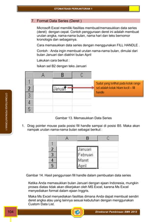 OTOMATISASI PERKANTORAN 1 
OTOMATISASI PERKANTORAN 1 
7. Format Data Series (Deret ) 
Microsoft Excel memiliki fasilitas membuat/memasukkan data series 
(deret) dengan cepat. Contoh penggunaan deret ini adalah membuat 
urutan angka, nama-nama bulan, nama hari dan teks bernomor 
kronologis dan sebagainya. 
Cara memasukkan data series dengan menggunakan FILL HANDLE . 
Contoh : Anda ingin membuat urutan nama-nama bulan, dimulai dari 
bulan Januari dan diakhiri bulan April 
Lakukan cara berikut : 
Isikan sel B2 dengan teks Januari 
Sudut yang terlihat pada kotak range 
sel adalah kotak hitam kecil = fill 
handle 
+ 
Gambar 13. Memasukkan Data Series 
1. Drag pointer mouse pada posisi fill handle sampai di posisi B5. Maka akan 
nampak urutan nama-nama bulan sebagai berikut : 
Gambar 14. Hasil penggunaan fill handle dalam pembuatan data series 
Ketika Anda memasukkan bulan Januari dengan ejaan Indonesia, mungkin 
proses diatas tidak akan dikerjakan oleh MS Excel, karena Ms Excel 
menyediakan format dalam ejaan Inggris. 
Maka Ms Excel menyediakan fasilitas dimana Anda dapat membuat sendiri 
deret angka atau yang lainnya sesuai kebutuhan dengan menggunakan 
Custom Data List. 
104 Direktorat Pembinaan SMK 2013 
 