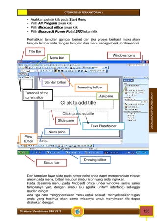 OTOMATISASI PERKANTORAN 1 
Title Bar 
Menu bar 
Standar tollbar 
Formating tollbar 
Windows Icons 
Tumbnail of the 
current slide Ask pane 
Slide pane 
Notes pane 
View 
button 
Texs Placeholder 
Drowing tollbar 
Status bar 
Direktorat Pembinaan SMK 2013 123 
OTOMATISASI PERKANTORAN 1 
 Arahkan pointer klik pada Start Menu 
 Pilih All Program tekan klik 
 Pilih Microsoft office tekan klik 
 Pilih Mocrosoft Power Point 2003 tekan klik 
Perhatikan tampilan gambar berikut dan jika proses berhasil maka akan 
tampak lembar slide dengan tampilan dan menu sebagai berikut dibawah ini 
Dari tampilan layar slide pada power point anda dapat mengarahkan mouse 
arrow pada menu, tollbar maupun simbul icon yang anda inginkan. 
Pada dasarnya menu pada Microsoft office under windows selalu sama 
tampilanya yaitu dengan simbul Gui (grafik uniform interface) sehingga 
mudah diingat. 
Ada tiga cara mengoperasikan menu untuk sesuatu menyelesaikan tugas 
anda yang hasilnya akan sama, misalnya untuk menyimpan file dapat 
dilakukan dengan: 
 