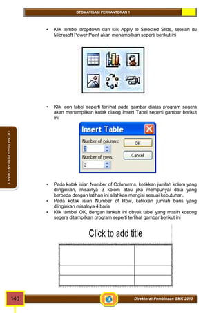 OTOMATISASI PERKANTORAN 1 
OTOMATISASI PERKANTORAN 1 
 Klik tombol dropdown dan klik Apply to Selected Slide, setelah itu 
Microsoft Power Point akan menampilkan seperti berikut ini 
 Klik icon tabel seperti terlihat pada gambar diatas program segera 
akan menampilkan kotak dialog Insert Tabel seperti gambar berikut 
ini 
 Pada kotak isian Number of Colummns, ketikkan jumlah kolom yang 
diinginkan, misalnya 3 kolom atau jika mempunyai data yang 
berbeda dengan latihan ini silahkan mengisi sesuai kebutuhan. 
 Pada kotak isian Number of Row, ketikkan jumlah baris yang 
diinginkan misalnya 4 baris 
 Klik tombol OK, dengan lankah ini obyek tabel yang masih kosong 
segera ditampilkan program seperti terlihat gambar berikut ini 
140 Direktorat Pembinaan SMK 2013 
 