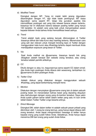 OTOMATISASI PERKANTORAN 1 
OTOMATISASI PERKANTORAN 1 
d) Modified Tweet 
Disingkat dengan MT. Yang ini malah lebih jarang digunakan 
dibandingkan dengan HT, tapi tidak kalah pentingnya. MT biasa 
digunakan sama seperti RT, tetapi kita gunakan apabila kita 
memodifikasi postingan asli yang kita retweet karena alasan tertentu, 
biasanya hal ini dilakukan karena batasan posting twitter yang hanya 
140 karakter. Ini adalah cara yang baik untuk menyampaikan pesan 
kepada follower Anda bahwa Anda memodifikasi tweet aslinya. 
e) Trend 
Trend adalah topik yang sedang banyak dibincangkan di Twitter 
biasanya dilihat dari kata kunci atau hashtag tertentu. Menemukan cara 
yang sah dan relevan untuk menjadi trending topic di Twitter dengan 
menggunakan kata kunci atau #hashtag tertentu dapat membuat Anda 
mendapatkan exposure yang besar di Twitter. 
f) Via 
Saat Anda melihat via @username, biasanya berarti link yang 
dibagikan adalah berasal dari website orang tersebut, atau orang 
tersebut adalah pemilik artikelnya. 
g) CC 
Ditulis dengan cc atau /cc, kegunaannya sama seperti CC dalam email. 
Jika Anda ingin postingan Anda dibaca oleh seseorang, tambahkan /cc 
@username di akhir postingan Anda. 
h) Twitter Chat 
Adalah diskusi yang dilakukan dengan menggunakan sebuah 
#hashtag, yang dapat berkembang menjadi trend. 
i) Mention 
Dilakukan dengan menyisipkan @username orang lain di dalam sebuah 
posting tweet. Ini menandakan bahwa tweet yang diposting ditujukan 
atau berhubungan dengan orang yang di-mention tersebut. Saya yakin 
Anda sudah paham benar istilah dalam twitter yang satu ini icon smile 
Istilah Dalam Twitter Twitter Lingo beserta artinya. 
j) Direct Message 
Disingkat DM, istilah dalam twitter ini adalah sebuah pesan pribadi yang 
dikirimkan oleh 1 orang ke orang lainnya, yang hanya dapat dibaca oleh 
orang tersebut. Anda dapat mengirimdirect message di twitter hanya 
kepada orang yang sudah follow Anda. Sebaliknya, Anda hanya dapat 
menerima DM dari orang yang sudah Anda follow. 
216 Direktorat Pembinaan SMK 2013 
 