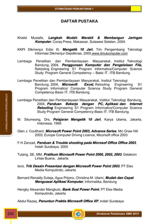 OTOMATISASI PERKANTORAN 1 
OTOMATISASI PERKANTORAN 1 
DAFTAR PUSTAKA 
Khalid Mustafa, Langkah Mudah Merakit & Membangun Jaringan 
Komputer, Coraq Press, Makassar, Sulawesi Selatan, 2004. 
KKPI Dikmenjur Edisi III, Mengetik 10 Jari, Tim Pengembang Teknologi 
Informasi Dikmenjur Depdiknas, 2005 www.ilmukomputer.com 
Lembaga Penelitian dan Pemberdayaan Masyarakat, Institut Teknologi 
Bandung, 2004, Penggunaan Komputer dan Pengelolaan File, 
Retooling Engineering S1 Program Informatics/Computer Science 
Study Program General Competency – Basic IT. ITB Bandung. 
Lembaga Penelitian dan Pemberdayaan Masyarakat, Institut Teknologi 
Bandung, 2004, Microsoft Excel, Retooling Engineering S1 
Program Informatics/ Computer Science Study Program General 
Competency-Basic IT. ITB Bandung. 
Lembaga Penelitian dan Pemberdayaan Masyarakat, Institut Teknologi Bandung, 
2004, Panduan Bekerja dengan PC, Aplikasi dan Internet 
Retooling Engineering S1 Program Informatics/Computer Science 
Study Program General Competency-Basic IT. ITB Bandung. 
M. Situmeang, Drs, Pelajaran Mengetik 10 Jari, Karya Utama, Jakarta, 
Indonesia, 1999. 
Glen J. Coulthard. Microsoft Power Point 2003, Advance Series, Mic Graw Hill 
2003; Europe Computer Driving Licence, Micorsoft office 2003 
F.H Zanzad, Panduan & Trouble shooting pada Microsof Office Office 2003, 
Indah Surabaya, 2005 
Tutang, SE, MM, Pratikum Microsoft Power Point 2000, 2002, 2003, Datakom 
Lintas Buana, Jakarta 
Isroi, Trik Desain Presentasi dengan Microsoft Power Point 2003, PT Elex 
Media Komputindo, Jakarta 
Bernard Renaldy Suteja, Agus Prijono, Christina M. Utami, Mudah dan Cepat 
Menguasai Aplikasi Komputer, Informatika, Bandung 
Hengky Alexander Mangkulo, Bank Soal Power Point, PT Elex Media 
Komputindo, Jakarta 
Abdul Razaq, Penuntun Praktis Microsoft Office XP, Indah Surabaya 
232 Direktorat Pembinaan SMK 2013 
 