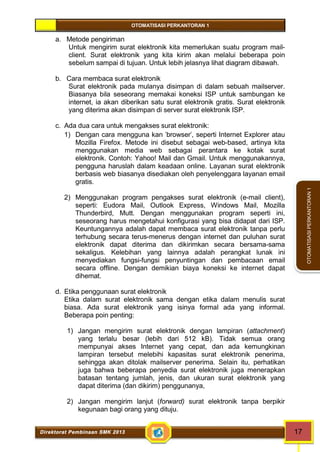 OTOMATISASI PERKANTORAN 1 
Direktorat Pembinaan SMK 2013 17 
OTOMATISASI PERKANTORAN 1 
a. Metode pengiriman 
Untuk mengirim surat elektronik kita memerlukan suatu program mail-client. 
Surat elektronik yang kita kirim akan melalui beberapa poin 
sebelum sampai di tujuan. Untuk lebih jelasnya lihat diagram dibawah. 
b. Cara membaca surat elektronik 
Surat elektronik pada mulanya disimpan di dalam sebuah mailserver. 
Biasanya bila seseorang memakai koneksi ISP untuk sambungan ke 
internet, ia akan diberikan satu surat elektronik gratis. Surat elektronik 
yang diterima akan disimpan di server surat elektronik ISP. 
c. Ada dua cara untuk mengakses surat elektronik: 
1) Dengan cara mengguna kan 'browser', seperti Internet Explorer atau 
Mozilla Firefox. Metode ini disebut sebagai web-based, artinya kita 
menggunakan media web sebagai perantara ke kotak surat 
elektronik. Contoh: Yahoo! Mail dan Gmail. Untuk menggunakannya, 
pengguna haruslah dalam keadaan online. Layanan surat elektronik 
berbasis web biasanya disediakan oleh penyelenggara layanan email 
gratis. 
2) Menggunakan program pengakses surat elektronik (e-mail client), 
seperti: Eudora Mail, Outlook Express, Windows Mail, Mozilla 
Thunderbird, Mutt. Dengan menggunakan program seperti ini, 
seseorang harus mengetahui konfigurasi yang bisa didapat dari ISP. 
Keuntungannya adalah dapat membaca surat elektronik tanpa perlu 
terhubung secara terus-menerus dengan internet dan puluhan surat 
elektronik dapat diterima dan dikirimkan secara bersama-sama 
sekaligus. Kelebihan yang lainnya adalah perangkat lunak ini 
menyediakan fungsi-fungsi penyuntingan dan pembacaan email 
secara offline. Dengan demikian biaya koneksi ke internet dapat 
dihemat. 
d. Etika penggunaan surat elektronik 
Etika dalam surat elektronik sama dengan etika dalam menulis surat 
biasa. Ada surat elektronik yang isinya formal ada yang informal. 
Beberapa poin penting: 
1) Jangan mengirim surat elektronik dengan lampiran (attachment) 
yang terlalu besar (lebih dari 512 kB). Tidak semua orang 
mempunyai akses Internet yang cepat, dan ada kemungkinan 
lampiran tersebut melebihi kapasitas surat elektronik penerima, 
sehingga akan ditolak mailserver penerima. Selain itu, perhatikan 
juga bahwa beberapa penyedia surat elektronik juga menerapkan 
batasan tentang jumlah, jenis, dan ukuran surat elektronik yang 
dapat diterima (dan dikirim) penggunanya, 
2) Jangan mengirim lanjut (forward) surat elektronik tanpa berpikir 
kegunaan bagi orang yang dituju. 
 