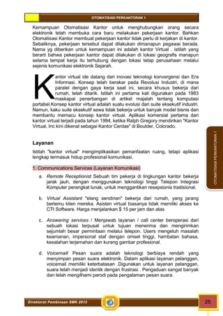 OTOMATISASI PERKANTORAN 1 
K 
Direktorat Pembinaan SMK 2013 25 
OTOMATISASI PERKANTORAN 1 
Kemampuan Otomatisasi Kantor untuk menghubungkan orang secara 
elektronik telah membuka cara baru melakukan pekerjaan kantor. Bahkan 
Otomatisasi Kantor membuat pekerjaan kantor tidak perlu di kerjakan di kantor. 
Sebaliknya, pekerjaan tersebut dapat dilakukan dimanapun pegawai berada. 
Nama yg diberikan untuk kemampuan ini adalah kantor Virtual . istilah yang 
berarti bahwa pekerjaan kantor dapat dilakukan di lokasi geografis manapun 
selama tempat kerja itu terhubung dengan lokasi tetap perusahaan melalui 
sejenis komunikasi elektronik Sejarah. 
antor virtual ide datang dari inovasi teknologi konvergensi dan Era 
Informasi. Konsep telah berakar pada Revolusi Industri, di mana 
paralel dengan gaya kerja saat ini, secara khusus bekerja dari 
rumah, telah ditarik. Istilah ini pertama kali digunakan pada 1983 
maskapai penerbangan di artikel majalah tentang komputasi 
portabel.Konsep kantor virtual adalah suatu evolusi dari suite eksekutif industri. 
Namun, kaku suite eksekutif sewa tidak bekerja untuk banyak model bisnis dan 
membantu memacu konsep kantor virtual. Aplikasi komersial pertama dari 
kantor virtual terjadi pada tahun 1994, ketika Ralph Gregory mendirikan "Kantor 
Virtual, Inc kini dikenal sebagai Kantor Cerdas" di Boulder, Colorado. 
Layanan 
Istilah "kantor virtual" mengimplikasikan pemanfaatan ruang, tetapi aplikasi 
lengkap termasuk hidup profesional komunikasi. 
1. Communications Services (Layanan Komunikasi) 
a. Remote Receptionist Sebuah tim pekerja di lingkungan kantor bekerja 
jarak jauh, dengan menggunakan teknologi tinggi Telepon Integrasi 
Komputer perangkat lunak, untuk menggantikan resepsionis tradisional. 
b. Virtual Assistant "elang sendirian" bekerja dari rumah, yang jarang 
bertemu klien mereka. Asisten virtual biasanya tidak memiliki akses ke 
CTI Software. Harga menjalankan $ 15 per jam dan atas 
c. Answering services / Menjawab layanan / call center beroperasi dari 
sebuah lokasi terpusat untuk tujuan menerima dan mengirimkan 
sejumlah besar permintaan melalui telepon. Users mengeluh masalah 
keamanan, impersonal staf dengan omset tinggi, hambatan bahasa, 
kesalahan terjemahan dan kurang gambar profesional. 
d. Voicemail/ Pesan suara adalah teknologi berbiaya rendah yang 
menyimpan pesan suara elektronik. Dalam aplikasi layanan pelanggan, 
voicemail memiliki keterbatasan .Digunakan untuk layanan pelanggan, 
suara telah menjadi identik dengan frustrasi . Pengaduan sangat banyak 
dan telah mengilhami parodi pada pengalaman pesan suara. 
 