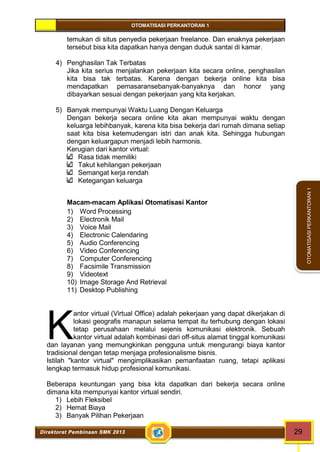 OTOMATISASI PERKANTORAN 1 
K 
Direktorat Pembinaan SMK 2013 29 
OTOMATISASI PERKANTORAN 1 
temukan di situs penyedia pekerjaan freelance. Dan enaknya pekerjaan 
tersebut bisa kita dapatkan hanya dengan duduk santai di kamar. 
4) Penghasilan Tak Terbatas 
Jika kita serius menjalankan pekerjaan kita secara online, penghasilan 
kita bisa tak terbatas. Karena dengan bekerja online kita bisa 
mendapatkan pemasaransebanyak-banyaknya dan honor yang 
dibayarkan sesuai dengan pekerjaan yang kita kerjakan. 
5) Banyak mempunyai Waktu Luang Dengan Keluarga 
Dengan bekerja secara online kita akan mempunyai waktu dengan 
keluarga lebihbanyak, karena kita bisa bekerja dari rumah dimana setiap 
saat kita bisa ketemudengan istri dan anak kita. Sehingga hubungan 
dengan keluargapun menjadi lebih harmonis. 
Kerugian dari kantor virtual: 
Rasa tidak memiliki 
Takut kehilangan pekerjaan 
Semangat kerja rendah 
Ketegangan keluarga 
Macam-macam Aplikasi Otomatisasi Kantor 
1) Word Processing 
2) Electronik Mail 
3) Voice Mail 
4) Electronic Calendaring 
5) Audio Conferencing 
6) Video Conferencing 
7) Computer Conferencing 
8) Facsimile Transmission 
9) Videotext 
10) Image Storage And Retrieval 
11) Desktop Publishing 
antor virtual (Virtual Office) adalah pekerjaan yang dapat dikerjakan di 
lokasi geografis manapun selama tempat itu terhubung dengan lokasi 
tetap perusahaan melalui sejenis komunikasi elektronik. Sebuah 
kantor virtual adalah kombinasi dari off-situs alamat tinggal komunikasi 
dan layanan yang memungkinkan pengguna untuk mengurangi biaya kantor 
tradisional dengan tetap menjaga profesionalisme bisnis. 
Istilah "kantor virtual" mengimplikasikan pemanfaatan ruang, tetapi aplikasi 
lengkap termasuk hidup profesional komunikasi. 
Beberapa keuntungan yang bisa kita dapatkan dari bekerja secara online 
dimana kita mempunyai kantor virtual sendiri. 
1) Lebih Fleksibel 
2) Hemat Biaya 
3) Banyak Pilihan Pekerjaan 
 