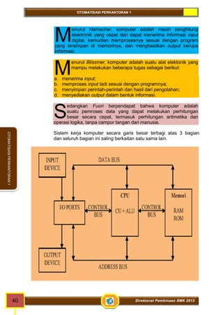 OTOMATISASI PERKANTORAN 1 
M 
M 
S 
40 Direktorat Pembinaan SMK 2013 
OTOMATISASI PERKANTORAN 1 
enurut Hamacher, komputer adalah mesin penghitung 
elektronik yang cepat dan dapat menerima informasi input 
digital, kemudian memprosesnya sesuai dengan program 
yang tersimpan di memorinya, dan menghasilkan output berupa 
informasi. 
enurut Blissmer, komputer adalah suatu alat elektonik yang 
mampu melakukan beberapa tugas sebagai berikut: 
a. menerima input; 
b. memproses input tadi sesuai dengan programnya; 
c. menyimpan perintah-perintah dan hasil dari pengolahan; 
d. menyediakan output dalam bentuk informasi. 
edangkan Fuori berpendapat bahwa komputer adalah 
suatu pemroses data yang dapat melakukan perhitungan 
besar secara cepat, termasuk perhitungan aritmetika dan 
operasi logika, tanpa campur tangan dari manusia. 
Sistem kerja komputer secara garis besar terbagi atas 3 bagian 
dan seluruh bagian ini saling berkaitan satu sama lain. 
 