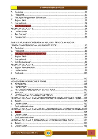 OTOMATISASI PERKANTORAN 1 
A. Deskripsi .......................................................................................................60 
B. Prasyarat.......................................................................................................60 
C. Petunjuk Penggunaan Bahan Ajar.................................................................61 
D. Tujuan Akhir..................................................................................................62 
E. Kompetensi ...................................................................................................62 
F. Cek Kemampuan ..........................................................................................62 
KEGIATAN BELAJAR 3.......................................................................................64 
a. Uraian Materi.................................................................................................64 
b. Tes Formatif ..................................................................................................78 
c. Rangkuman...................................................................................................84 
BAB IV CARA MENGOPERASIKAN APLIKASI PENGOLAH ANGKA 
(SPREADSHEET) DENGAN MICROSOFT EXCEL .............................................85 
A. Deskripsi .......................................................................................................85 
B. Prasyarat ......................................................................................................86 
C. Petunjuk Penggunaan Bahan Ajar ................................................................86 
D. Tujuan Akhir..................................................................................................87 
E. Kompetensi...................................................................................................89 
F. Cek Kemampuan ..........................................................................................89 
KEGIATAN BELAJAR 4.......................................................................................91 
a. Tujuan Pembelajaran ....................................................................................91 
b. Uraian Materi.................................................................................................91 
d. Evaluasi ......................................................................................................113 
BAB V................................................................................................................119 
MENGOPERASIKAN POWER POINT...............................................................119 
A. DESKRIPSI.................................................................................................119 
B. PRASYARAT ..............................................................................................119 
C. PETUNJUK PENGGUNAAN BAHAN AJAR................................................119 
D. TUJUAN......................................................................................................120 
E. KETERKAITAN DENGAN KOMPETENSI...................................................120 
KEGIATAN BELAJAR 5 MEMPERSIAPKAN PRESENTASI POWER POINT....121 
a. Tujuan.........................................................................................................121 
b. Uraian Materi...............................................................................................122 
c. Evaluasi dan Latihan ...................................................................................149 
KEGIATAN BELAJAR 6 MEMODIFIKASI DAN MENJALANKAN PRESENTASI151 
a. Tujuan.........................................................................................................151 
b. Uraian Materi...............................................................................................151 
c. Evaluasi dan Latihan ...................................................................................161 
KEGIATAN BELAJAR 7 MENYISIPKAN HYPERLINK PADA SLIDE ................163 
a. Tujuan.........................................................................................................163 
b. Uraian Materi...............................................................................................163 
Direktorat Pembinaan SMK 2013 v 
 