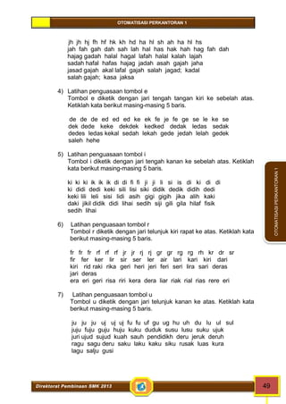 OTOMATISASI PERKANTORAN 1 
Direktorat Pembinaan SMK 2013 49 
OTOMATISASI PERKANTORAN 1 
jh jh hj fh hf hk kh hd ha hl sh ah ha hl hs 
jah fah gah dah sah lah hal has hak hah hag fah dah 
hajag gadah halal hagal lafah halal kalah lajah 
sadah hafal hafas hajag jadah asah gajah jaha 
jasad gajah akal lafal gajah salah jagad; kadal 
salah gajah; kasa jaksa 
4) Latihan penguasaan tombol e 
Tombol e diketik dengan jari tengah tangan kiri ke sebelah atas. 
Ketiklah kata berikut masing-masing 5 baris. 
de de de ed ed ed ke ek fe je fe ge se le ke se 
dek dede keke dekdek kedked dedak ledas sedak 
dedes ledas kekal sedah lekah gede jedah lelah gedek 
saleh hehe 
5) Latihan penguasaan tombol i 
Tombol i diketik dengan jari tengah kanan ke sebelah atas. Ketiklah 
kata berikut masing-masing 5 baris. 
ki ki ki ik ik ik di di fi fi ji ji li si is di ki di di 
ki didi dedi keki sili lisi siki didik dedik didih dedi 
keki lili leli sisi lidi asih gigi gigih jika alih kaki 
daki jikil didik didi lihai sedih siji gili gila hilaf fisik 
sedih lihai 
6) Latihan penguasaan tombol r 
Tombol r diketik dengan jari telunjuk kiri rapat ke atas. Ketiklah kata 
berikut masing-masing 5 baris. 
fr fr fr rf rf rf jr jr rj rj gr gr rg rg rh kr dr sr 
fir fer ker lir sir ser ler air lari kari kiri dari 
kiri rid raki rika geri heri jeri feri seri lira sari deras 
jari deras 
era eri geri risa riri kera dera liar riak rial rias rere eri 
7) Latihan penguasaan tombol u 
Tombol u diketik dengan jari telunjuk kanan ke atas. Ketiklah kata 
berikut masing-masing 5 baris. 
ju ju ju uj uj uj fu fu uf gu ug hu uh du lu ul sul 
juju fuju guju huju kuku duduk susu lusu suku ujuk 
juri ujud sujud kuah sauh pendidikh deru jeruk deruh 
ragu sagu deru saku laku kaku siku rusak luas kura 
lagu salju gusi 
 
