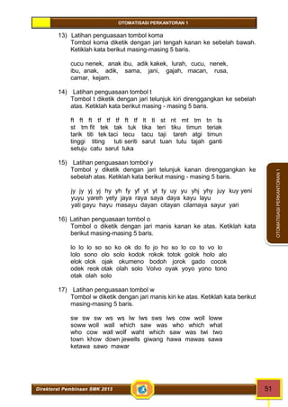 OTOMATISASI PERKANTORAN 1 
Direktorat Pembinaan SMK 2013 51 
OTOMATISASI PERKANTORAN 1 
13) Latihan penguasaan tombol koma 
Tombol koma diketik dengan jari tengah kanan ke sebelah bawah. 
Ketiklah kata berikut masing-masing 5 baris. 
cucu nenek, anak ibu, adik kakek, lurah, cucu, nenek, 
ibu, anak, adik, sama, jani, gajah, macan, rusa, 
camar, kejam. 
14) Latihan penguasaan tombol t 
Tombol t diketik dengan jari telunjuk kiri direnggangkan ke sebelah 
atas. Ketiklah kata berikut masing - masing 5 baris. 
ft ft ft tf tf tf ft tf lt tl st nt mt tm tn ts 
st tm fit tek tak tuk tika teri tiku timun teriak 
tarik titi tek taci tecu tacu taji tareh atgi timun 
tinggi titing tuti seriti sarut tuan tutu tajah ganti 
setuju catu sarut tuka 
15) Latihan penguasaan tombol y 
Tombol y diketik dengan jari telunjuk kanan direnggangkan ke 
sebelah atas. Ketiklah kata berikut masing - masing 5 baris. 
jy jy yj yj hy yh fy yf yt yt ty uy yu yhj yhy juy kuy yeni 
yuyu yareh yety jaya raya saya daya kayu layu 
yati gayu hayu masayu dayan citayan cilamaya sayur yari 
16) Latihan penguasaan tombol o 
Tombol o diketik dengan jari manis kanan ke atas. Ketiklah kata 
berikut masing-masing 5 baris. 
lo lo lo so so ko ok do fo jo ho so lo co to vo lo 
lolo sono olo solo kodok rokok totok golok holo alo 
elok olok ojak okumeno bodoh jorok gado cocok 
odek reok otak olah solo Volvo oyak yoyo yono tono 
otak olah solo 
17) Latihan penguasaan tombol w 
Tombol w diketik dengan jari manis kiri ke atas. Ketiklah kata berikut 
masing-masing 5 baris. 
sw sw sw ws ws lw lws sws lws cow woll loww 
soww woll wall which saw was who which what 
who cow wall wolf waht which saw was twi two 
town khow down jewells giwang hawa mawas sawa 
ketawa sawo mawar 
 