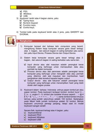 OTOMATISASI PERKANTORAN 1 
Direktorat Pembinaan SMK 2013 55 
OTOMATISASI PERKANTORAN 1 
PS2; 
Wireless; 
USB. 
3) Keyboard terdiri atas 4 bagian utama, yaitu: 
Typing keys; 
Numeric keypad; 
Function keys; 
Control keys. 
4) Tombol ketik pada keyboard terdiri atas 2 jenis, yaitu QWERTY dan 
DVORAK. 
d. Rangkuman 
1) Komputer berasal dari bahasa latin computare yang berarti 
menghitung. Sistem kerja komputer secara garis besar terbagi 
atas 3 bagian, dan seluruh bagian ini saling berkaitan satu sama 
lain yaitu Input Device, Prosess Device dan Output Device. 
2) Sistem kerja komputer secara garis besar terbagi atas 3 
bagian, dan seluruh bagian ini saling berkaitan satu sama lain. 
Input device atau alat masukan adalah perangkat keras 
komputer yang berfungsi untuk memasukkan data atau 
perintah ke dalam komputer 
Process device atau alat pemroses adalah perangkat keras 
komputer yang berfungsi untuk mengolah data atau perintah 
yang diterima oleh alat masukan dan memberikan hasil 
pengolahan data tersebut kepada bagian output 
Output device atau alat keluaran adalah perangkat keras 
komputer yang berfungsi untuk menampilkan hasil yang telah 
diolah oleh bagian proses 
3) Keyboard dalam bahasa Indonesia artinya papan tombol jari atau 
papan tombol. Pada keyboard terdapat tombol- tombol huruf A – 
Z, a – z, angka 0 - 9, tombol dan karakter khusus seperti : ` ~ @ # 
$ % ^ & * ( ) _ - + = < > / , . ? : ; “ ‘  | serta tombol-tombol khusus 
lainnya yang jumlah seluruhnya adalah 104 tombol. Sedangkan 
pada Mesin ketik jumlah tombolnya adalah 52 tombol. Bentuk 
keyboard umumnya persegi panjang, tetapi saat ini model 
keyboard sangat variatif. 
Secara fisik, keyboard terbagi atas 4 bagian, yaitu: 
keyboardSerial 
keyboard PS/2 
keyboard Wireless 
keyboard USB 
 