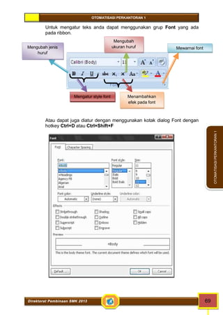 OTOMATISASI PERKANTORAN 1 
Mengubah jenis 
huruf 
Mengubah 
ukuran huruf Mewarnai font 
Menambahkan 
efek pada font 
Mengatur style font 
Direktorat Pembinaan SMK 2013 69 
OTOMATISASI PERKANTORAN 1 
Untuk mengatur teks anda dapat menggunakan grup Font yang ada 
pada ribbon. 
Atau dapat juga diatur dengan menggunakan kotak dialog Font dengan 
hotkey Ctrl+D atau Ctrl+Shift+F 
 