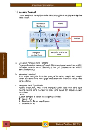 OTOMATISASI PERKANTORAN 1 
Bullets dan 
Numbering 
Indent 
Border 
Mengatur jarak spasi 
baris 
Mengatur 
perataan teks 
70 Direktorat Pembinaan SMK 2013 
OTOMATISASI PERKANTORAN 1 
11. Mengatur Paragraf 
Untuk mengatur paragraph anda dapat menggunakan grup Paragraph 
pada ribbon. 
a. Mengatur Perataan Teks Paragraf 
Perataan teks dalam paragraf dapat dilakukan dengan posisi rata sisi kiri 
(left-align), rata sisi kanan (right-align), ditengah (center) dan rata sisi kiri 
dan kanan (justify). 
b. Mengatur Indentasi 
Anda dapat mengatur indentasi paragraf terhadap margin kiri, margin 
kanan atau keduanya. Anda juga dapat membuat indentasi hanya pada 
baris pertama. 
c. Mengatur Jarak Spasi Baris 
Apabila diperlukan, Anda dapat mengatur jarak spasi dari baris agar 
masing-masing baris mempunyai jarak yang cukup dan sesuai dengan 
kebutuhan. 
Latihan: 
Buatlah paragraf di bawah ini dengan spesifikasi: 
 Spasi = 1.5 
 Tipe huruf = Times New Roman 
 Size huruf = 12 
 