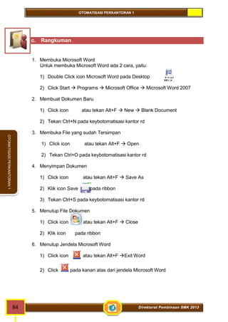 OTOMATISASI PERKANTORAN 1 
84 Direktorat Pembinaan SMK 2013 
OTOMATISASI PERKANTORAN 1 
c. Rangkuman 
1. Membuka Microsoft Word 
Untuk membuka Microsoft Word ada 2 cara, yaitu: 
1) Double Click icon Microsoft Word pada Desktop 
2) Click Start  Programs  Microsoft Office  Microsoft Word 2007 
2. Membuat Dokumen Baru 
1) Click icon atau tekan Alt+F  New  Blank Document 
2) Tekan Ctrl+N pada keybotomatisasi kantor rd 
3. Membuka File yang sudah Tersimpan 
1) Click icon atau tekan Alt+F  Open 
2) Tekan Ctrl+O pada keybotomatisasi kantor rd 
4. Menyimpan Dokumen 
1) Click icon atau tekan Alt+F  Save As 
2) Klik icon Save pada ribbon 
3) Tekan Ctrl+S pada keybotomatisasi kantor rd 
5. Menutup File Dokumen 
1) Click icon atau tekan Alt+F  Close 
2) Klik icon pada ribbon 
6. Menutup Jendela Microsoft Word 
1) Click icon atau tekan Alt+F Exit Word 
2) Click pada kanan atas dari jendela Microsoft Word 
 