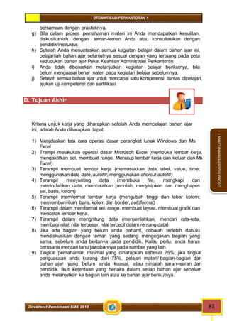 OTOMATISASI PERKANTORAN 1 
Direktorat Pembinaan SMK 2013 87 
OTOMATISASI PERKANTORAN 1 
bersamaan dengan prakteknya. 
g) Bila dalam proses pemahaman materi ini Anda mendapatkan kesulitan, 
diskusikanlah dengan teman-teman Anda atau konsultasikan dengan 
pendidik/instruktur. 
h) Setelah Anda menuntaskan semua kegiatan belajar dalam bahan ajar ini, 
pelajarilah bahan ajar selanjutnya sesuai dengan yang tertuang pada peta 
kedudukan bahan ajar Paket Keahlian Administrasi Perkantoran 
i) Anda tidak dibenarkan melanjutkan kegiatan belajar berikutnya, bila 
belum menguasai benar materi pada kegiatan belajar sebelumnya. 
j) Setelah semua bahan ajar untuk mencapai satu kompetensi tuntas dipelajari, 
ajukan uji kompetensi dan sertifikasi. 
D. Tujuan Akhir 
Kriteria unjuk kerja yang diharapkan setelah Anda mempelajari bahan ajar 
ini, adalah Anda diharapkan dapat: 
1) Menjelaskan tata cara operasi dasar perangkat lunak Windows dan Ms 
Excel 
2) Trampil melakukan operasi dasar Microsoft Excel (membuka lembar kerja, 
mengaktifkan sel, membuat range, Menutup lembar kerja dan keluar dari Ms 
Excel) 
3) Terampil membuat lembar kerja (memasukkan data label, value, time; 
menggunakan data date, autofill; menggunakan shorcut autofill) 
4) Terampil menyunting data (membuka file, mengkopi dan 
memindahkan data, membatalkan perintah, menyisipkan dan menghapus 
sel, baris, kolom) 
5) Terampil memformat lembar kerja (mengubah tinggi dan lebar kolom; 
menyembunyikan baris, kolom dan border, autoformat) 
6) Terampil dalam memformat sel, range, membuat layout, membuat grafik dan 
mencetak lembar kerja. 
7) Terampil dalam menghitung data (menjumlahkan, mencari rata-rata, 
membagi nilai, nilai terbesar, nilai tercecil dalam rentang data) 
8) Jika ada bagian yang belum anda pahami, cobalah terlebih dahulu 
mendiskusikan dengan teman yang sedang mengerjakan bagian yang 
sama, sebelum anda bertanya pada pendidik. Kalau perlu, anda harus 
berusaha mencari tahu jawabannya pada sumber yang lain. 
9) Tingkat pemahaman minimal yang diharapkan sebesar 75%, jika tingkat 
penguasaan anda kurang dari 75%, pelajari materi/ bagian-bagian dari 
bahan ajar yang belum anda kuasai, atau mintalah saran–saran dari 
pendidik. Ikuti ketentuan yang berlaku dalam setiap bahan ajar sebelum 
anda melanjutkan ke bagian lain atau ke bahan ajar berikutnya. 
 