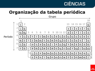 Zern
Liew/
Shutterstock
Organização da tabela periódica
Grupo
Período
1
2
3
4
5
6
7
1
2
3 4 5 6 7 8 9 10 11 12
13 14 15 16 17
18
 