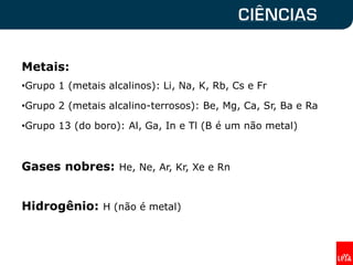 Metais:
•Grupo 1 (metais alcalinos): Li, Na, K, Rb, Cs e Fr
•Grupo 2 (metais alcalino-terrosos): Be, Mg, Ca, Sr, Ba e Ra
•Grupo 13 (do boro): Al, Ga, In e Tl (B é um não metal)
Gases nobres: He, Ne, Ar, Kr, Xe e Rn
Hidrogênio: H (não é metal)
 