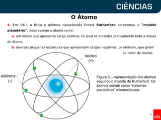 ao redor do núcleo.
O Átomo
3
Figura 3 – representação dos átomos
segundo o modelo de Rutherford. Os
átomos seriam como “sistemas
planetários” microscópicos.
núcleo
(+)
elétrons
(-)
4. Em 1911 o físico e químico neozelandês Ernest Rutherford apresentou o “modelo
planetário”, descrevendo o átomo como:
a. um núcleo que apresenta carga positiva, no qual se encontra praticamente toda a massa
do átomo.
b. diversas pequenas estruturas que apresentam cargas negativas, os elétrons, que giram
 