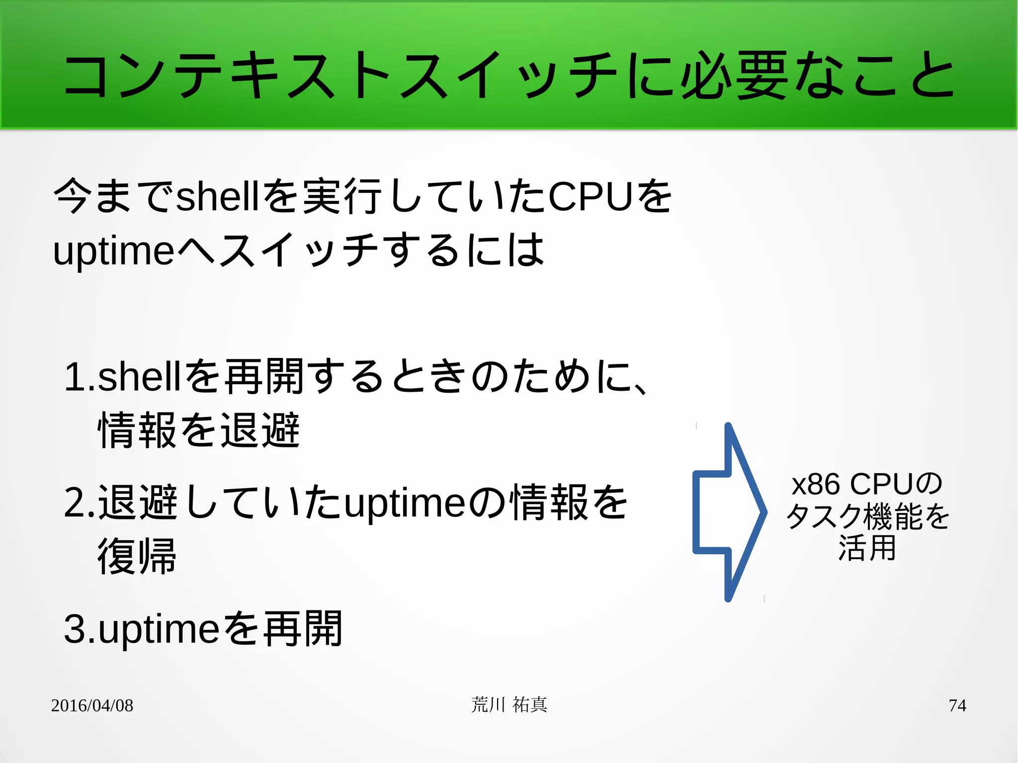 2016/04/08 荒川 祐真 74
コンテキストスイッチに必要なこと
今までshellを実行していたCPUを
uptimeへスイッチするには
1.shellを再開するときのために、
情報を退避
2.退避していたuptimeの情報を
復帰
3.uptimeを再開
x86 CPUの
タスク機能を
活用
 