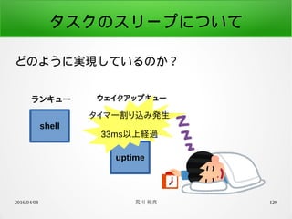 2016/04/08 荒川 祐真 129
タスクのスリープについて
どのように実現しているのか？
ランキュー
shell
uptime
ウェイクアップキュー
タイマー割り込み発生
33ms以上経過
 