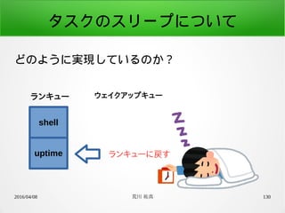 2016/04/08 荒川 祐真 130
タスクのスリープについて
どのように実現しているのか？
ランキュー
shell
uptime
ウェイクアップキュー
ランキューに戻す
 