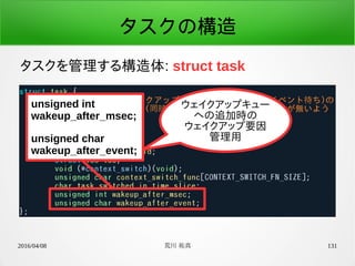 2016/04/08 荒川 祐真 131
タスクの構造
タスクを管理する構造体: struct task
ウェイクアップキュー
への追加時の
ウェイクアップ要因
管理用
unsigned int
wakeup_after_msec;
unsigned char
wakeup_after_event;
 