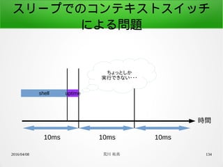 2016/04/08 荒川 祐真 134
時間
10ms 10ms 10ms
shell uptime
ちょっとしか
実行できない・・・
スリープでのコンテキストスイッチ
による問題
 
