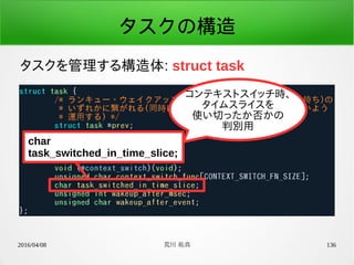 2016/04/08 荒川 祐真 136
タスクの構造
タスクを管理する構造体: struct task
コンテキストスイッチ時、
タイムスライスを
使い切ったか否かの
判別用
char
task_switched_in_time_slice;
 