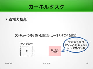 2016/04/08 荒川 祐真 140
カーネルタスク
●
省電力機能
ランキューに何も無いときには、カーネルタスクを実行
ランキュー
空
カーネル
タスク
hlt命令を実行
割り込みがあるまで
CPUを休ませる
 