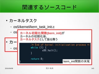 2016/04/08 荒川 祐真 143
関連するソースコード
●
カーネルタスク
– os5/kernel/kern_task_init.c
– os5/kernel/include/kern_task.h
●
カーネル初期化
– os5/kernel/init.c
カーネル初期化関数(kern_init)が
カーネルの初期化後、
カーネルタスクとして振る舞う
kern_init関数の末尾
 