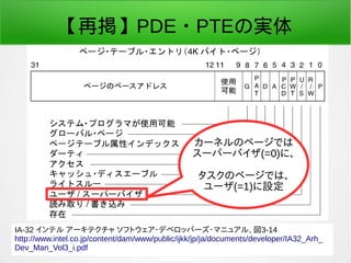 2016/04/08 荒川 祐真 155
【再掲】PDE・PTEの実体
カーネルのページでは
スーパーバイザ(=0)に、
タスクのページでは、
ユーザ(=1)に設定
IA-32 インテル アーキテクチャ ソフトウェア・デベロッパーズ・マニュアル, 図3-14
http://www.intel.co.jp/content/dam/www/public/ijkk/jp/ja/documents/developer/IA32_Arh_
Dev_Man_Vol3_i.pdf
 