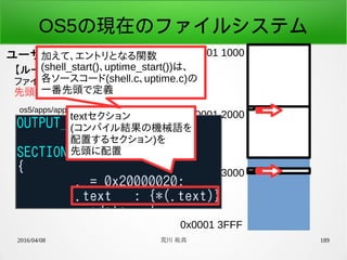 2016/04/08 荒川 祐真 189
OS5の現在のファイルシステム
ユーザーランド領域 0x0001 1000
0x0001 3FFF
0x0001 2000
0x0001 3000
【ルール6】
ファイルを実行する際は、
先頭33バイト目にジャンプする
os5/apps/app.lc
textセクション
(コンパイル結果の機械語を
配置するセクション)を
先頭に配置
加えて、エントリとなる関数
(shell_start()、uptime_start())は、
各ソースコード(shell.c、uptime.c)の
一番先頭で定義
 
