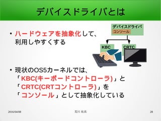 2016/04/08 荒川 祐真 28
デバイスドライバとは
●
ハードウェアを抽象化して、
利用しやすくする
●
現状のOS5カーネルでは、
「KBC(キーボードコントローラ)」と
「CRTC(CRTコントローラ)」を
「コンソール」として抽象化している
デバイスドライバ
コンソール
KBC CRTC
 