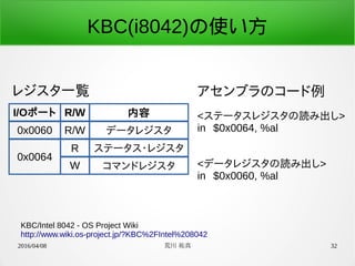 2016/04/08 荒川 祐真 32
KBC(i8042)の使い方
レジスタ一覧
KBC/Intel 8042 - OS Project Wiki
http://www.wiki.os-project.jp/?KBC%2FIntel%208042
アセンブラのコード例
<ステータスレジスタの読み出し>
in $0x0064, %al
<データレジスタの読み出し>
in $0x0060, %al
I/Oポート R/W 内容
0x0060 R/W データレジスタ
0x0064
R ステータス・レジスタ
コマンドレジスタW
 