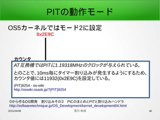 2016/04/08 荒川 祐真 46
PITの動作モード
OS5カーネルではモード2に設定
０から作るOS開発　割り込みその３　PICのまとめとPITと割り込みハンドラ
http://softwaretechnique.jp/OS_Development/kernel_development04.html
カウンタ
割り込み
0x2E9C
AT互換機ではPITに1.19318MHzのクロックが与えられている。
とのことで、10ms毎にタイマー割り込みが発生するようにするため、
カウンタ値には11932(0x2E9C)を設定している。
(PIT)8254 - os-wiki
http://oswiki.osask.jp/?(PIT)8254
 