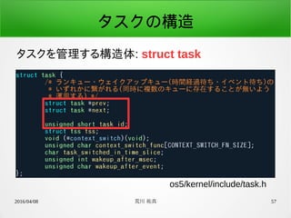2016/04/08 荒川 祐真 57
タスクの構造
タスクを管理する構造体: struct task
os5/kernel/include/task.h
 