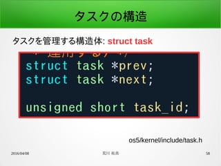 2016/04/08 荒川 祐真 58
タスクの構造
タスクを管理する構造体: struct task
os5/kernel/include/task.h
 