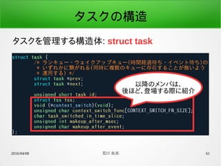 2016/04/08 荒川 祐真 61
タスクの構造
タスクを管理する構造体: struct task
以降のメンバは、
後ほど、登場する際に紹介
 