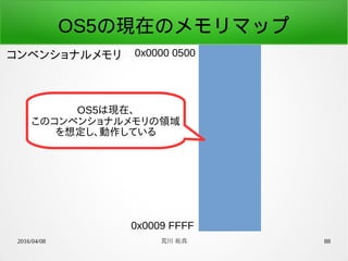 2016/04/08 荒川 祐真 88
OS5の現在のメモリマップ
コンベンショナルメモリ 0x0000 0500
0x0009 FFFF
OS5は現在、
このコンベンショナルメモリの領域
を想定し、動作している
 