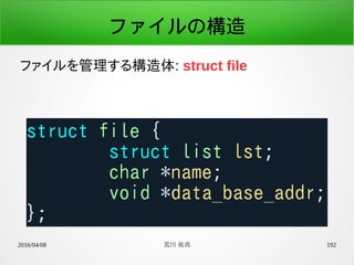 2016/04/08 荒川 祐真 192
ファイルの構造
ファイルを管理する構造体: struct file
 