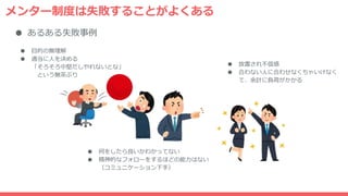 メンター制度は失敗することがよくある
● 目的の無理解
● 適当に人を決める
「そろそろ中堅だしやれないとな」
という無茶ぶり
● 何をしたら良いかわかってない
● 精神的なフォローをするほどの能力はない
（コミュニケーション下手）
● 放置され不信感
● 合わない人に合わせなくちゃいけなく
て、余計に負荷がかかる
● あるある失敗事例
 