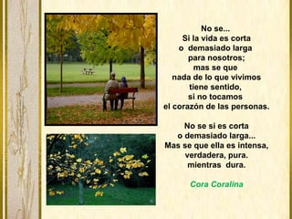 No se...
Si la vida es corta
o demasiado larga
para nosotros;
mas se que
nada de lo que vivimos
tiene sentido,
si no tocamos
el corazón de las personas.
No se si es corta
o demasiado larga...
Mas se que ella es intensa,
verdadera, pura.
mientras dura.
Cora Coralina
 