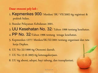 Dasar otonomi pely keb :
1. Kepmenkes 900/ Menkes/ SK/ VII/2002 ttg registrasi &
praktek bidan.
2. Standar Pelayanan Kebidanan 2001.
3. UU Kesehatan No. 32/ Tahun 1996 tentang kesehatan.
4. PP No. 32/Tahun 1996 tentang tenaga kesehatan.
5. Kepmenkes 1277/ Menkes/SK/XI/2001 tentang organisasi dan tata
kerja Depkes.
6. UU No 22/1999 ttg Otonomi daerah.
7. UU No 13 th 2003 ttg ketenagakerjaan.
8. UU ttg aborsi, adopsi, bayi tabung, dan transplantasi.
By.Triana SP 5
 