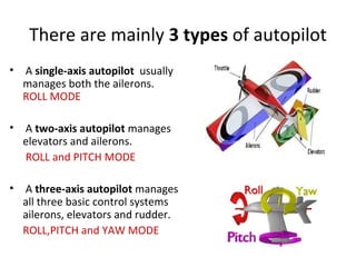 There are mainly 3 types of autopilot
• A single-axis autopilot usually
manages both the ailerons.
ROLL MODE
• A two-axis autopilot manages
elevators and ailerons.
ROLL and PITCH MODE
• A three-axis autopilot manages
all three basic control systems
ailerons, elevators and rudder.
ROLL,PITCH and YAW MODE
 