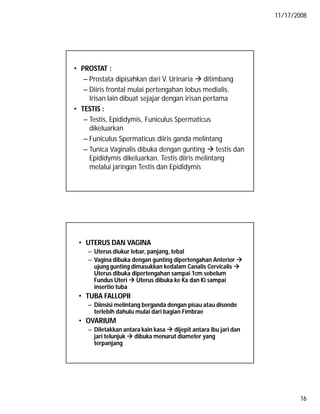 11/17/2008
16
• PROSTAT :
– Prostata dipisahkan dari V. Urinaria  ditimbang
– Diiris frontal mulai pertengahan lobus medialis.
Irisan lain dibuat sejajar dengan irisan pertama
• TESTIS :
– Testis, Epididymis, Funiculus Spermaticus
dikeluarkan
– Funiculus Spermaticus diiris ganda melintang
– Tunica Vaginalis dibuka dengan gunting  testis dan
Epididymis dikeluarkan. Testis diiris melintang
melalui jaringan Testis dan Epididymis
• UTERUS DAN VAGINA
– Uterus diukur lebar, panjang, tebal
– Vagina dibuka dengan gunting dipertengahan Anterior 
ujung gunting dimasukkan kedalam Canalis Cervicalis 
Uterus dibuka dipertengahan sampai 1cm sebelum
Fundus Uteri  Uterus dibuka ke Ka dan Ki sampai
insertio tuba
• TUBA FALLOPII
– Diinsisi melintang berganda dengan pisau atau disonde
terlebih dahulu mulai dari bagian Fimbrae
• OVARIUM
– Diletakkan antara kain kasa  dijepit antara ibu jari dan
jari telunjuk  dibuka menurut diameter yang
terpanjang
 
