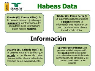Habeas Data
Información
Fuente (Ej. Cueros Vélez): Es
la persona natural o jurídica que
suministra la información a los
operadores de la información;
quien hace el reporte.
Titular (Ej. Pedro Pérez ):
Es la persona natural o jurídica
a quien se refiere la
información que reposa en un
banco de datos; es el cliente
tomador del crédito.
Usuario (Ej. Calzado Bosi): Es
la persona natural o jurídica que
accede a un Banco de datos
para consultar el comportamiento
crediticio de un eventual cliente.
Operador (Procrédito): Es la
persona, entidad u organización
que recibe de la fuente datos
personales sobre varios titulares de
la información, los administra y los
pone en conocimiento de los
usuarios
 