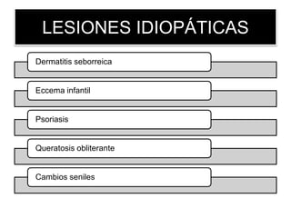 LESIONES IDIOPÁTICAS
Dermatitis seborreica
Eccema infantil
Psoriasis
Queratosis obliterante
Cambios seniles
 