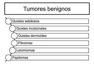 Tumores benignos
Quistes sebáceos
Quistes incisionales
Quistes dermoides
Fibromas
Leiomiomas
Papilomas
 
