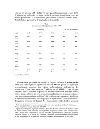 estavam em torno de US$ 1 bilhão (5
): mais que dobraram durante os anos 1990.
A hipótese de utilização em larga escala de produtos transgênicos entre nós
oferece promissora - e, evidentemente, preocupante, como será visto na parte 5
deste trabalho - perspectiva de ampliação deste mercado.
Tabela 4
Consumo mundial de pesticidas - 1983-1998
US$ milhões Taxa anual de crescimento
Região 1983 1993 1998 83/93 93/98
Amér.
Norte
3.991 7.377 8.980 6.3 4.0
Amér.
Latina
1.258 2.307 3.000 6.3 5.4
Europ
a
Oeste
5.847 7.173 9.000 2.1 4.6
Europ
a Leste
2.898 2.571 3.190 -1.2 4.4
Áfr./O
r
Médio
942 1.258 1.610 2.9 5.1
Ásia
Ocean/
5.571 6.814 8.370 3.0 4.4
Total 20.50
7
27.50
0
34.15
0
3.0 4.4
Fonte: Yudelman, 1998:10
O segundo fator que divide as opiniões a respeito, refere-se à avaliação dos
riscos que a utilização dos agrotóxicos envolve. Maiores gastos não significam
necessariamente aumento dos efeitos ambientalmente indesejáveis dos
agrotóxicos. Como bem mostram Yudelman et al. (1998:9), “nos últimos
cincoenta anos a indústria de pesticidas procura desenvolver pesticidas menos
tóxicos e mais seletivos em seus alvos, requerendo menores doses por hectares e
com menor persistência no ambiente”. Os produtos correspondentes àquilo que
os especialistas chamam de terceira geração de agrotóxicos (6
) reduziram muito a
dosagem de aplicação por hectare. Nos países desenvolvidos (onde o uso desta
5
“Indústrias de defensivos desenvolvem produtos com baixo grau de toxicidade” - Matéria de
Álvaro Penachioni, Gazeta Mercantil, 4/06/1991.
6
A primeira corresponde ao período anterior à IIª Guerra Mundial, com o uso de produtos vindos
de fontes naturais, como a nicotina ou de produtos inorgânicos como a sulfa, o arsênico ou o
cobre. Desde então, ampliou-se o uso de pesticidas organossintéticos (moléculas orgânicas
sintéticas), como o DDT, o BHC e o Parathion. Os últimos anos assistiram ao desenvolvimento
de uma terceira geração de pesticidas, bem mais segura que a dominante até os anos 1960.
 
