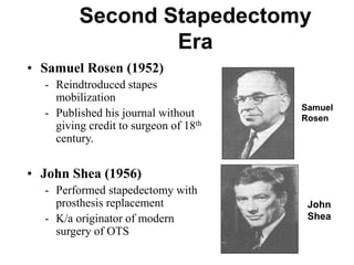 Second Stapedectomy
Era
• Samuel Rosen (1952)
- Reindtroduced stapes
mobilization
- Published his journal without
giving credit to surgeon of 18th
century.
• John Shea (1956)
- Performed stapedectomy with
prosthesis replacement
- K/a originator of modern
surgery of OTS
Samuel
Rosen
John
Shea
 