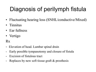 Diagnosis of perilymph fistula
• Fluctuating hearing loss (SNHL/conductive/Mixed)
• Tinnitus
• Ear fullness
• Vertigo
Rx
- Elevation of head. Lumbar spinal drain
- Early possible tympanotomy and closure of fistula
- Excision of fistulous tract
- Replaces by new soft tissue graft & prosthesis
 